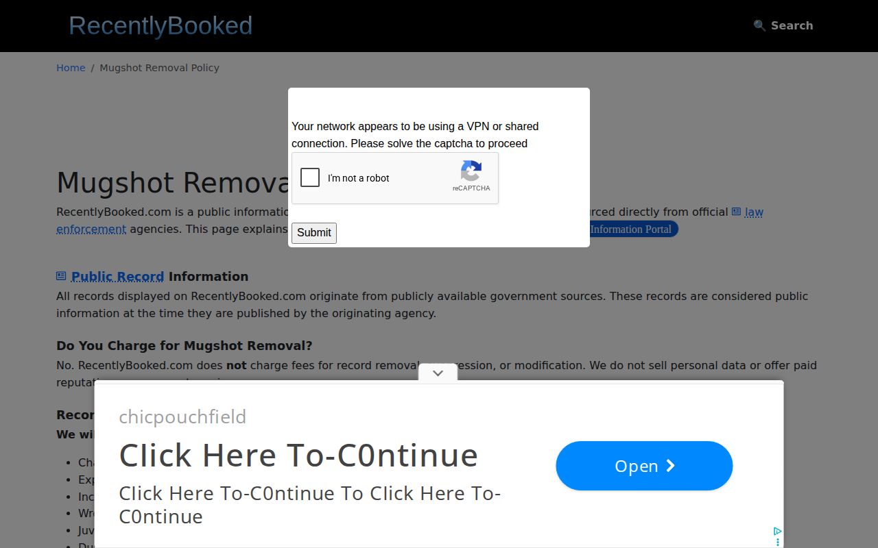 RecentlyBooked policy page documenting no verified Ferry County mugshot route