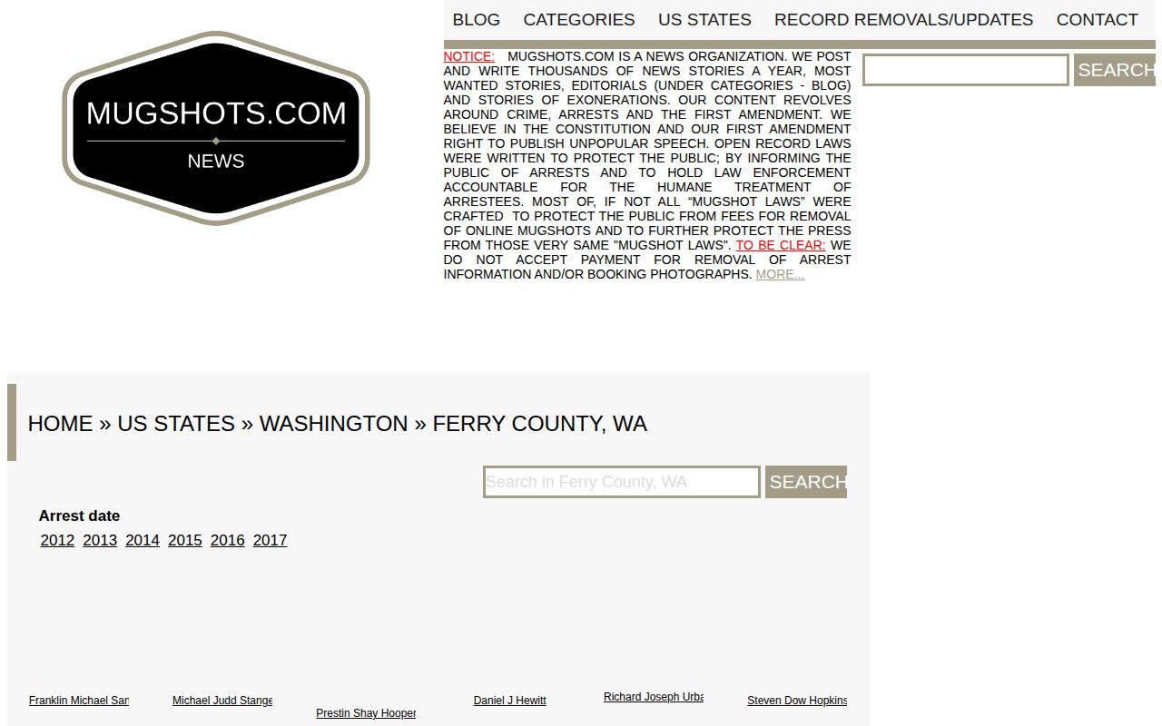 Ferry County commercial mugshot route shown only as an unofficial secondary source