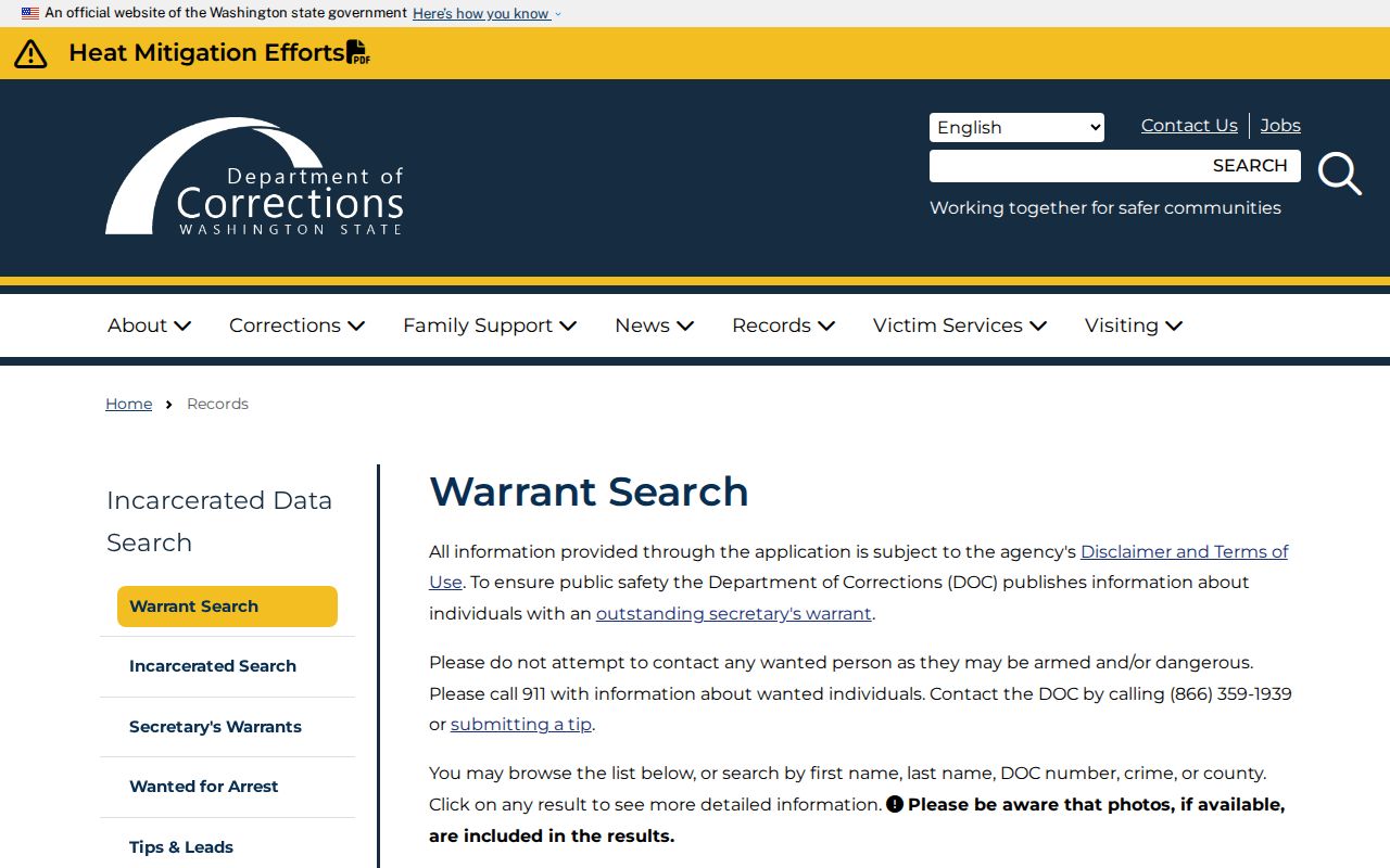 Ferry County warrant records context on the Washington DOC Warrant Search