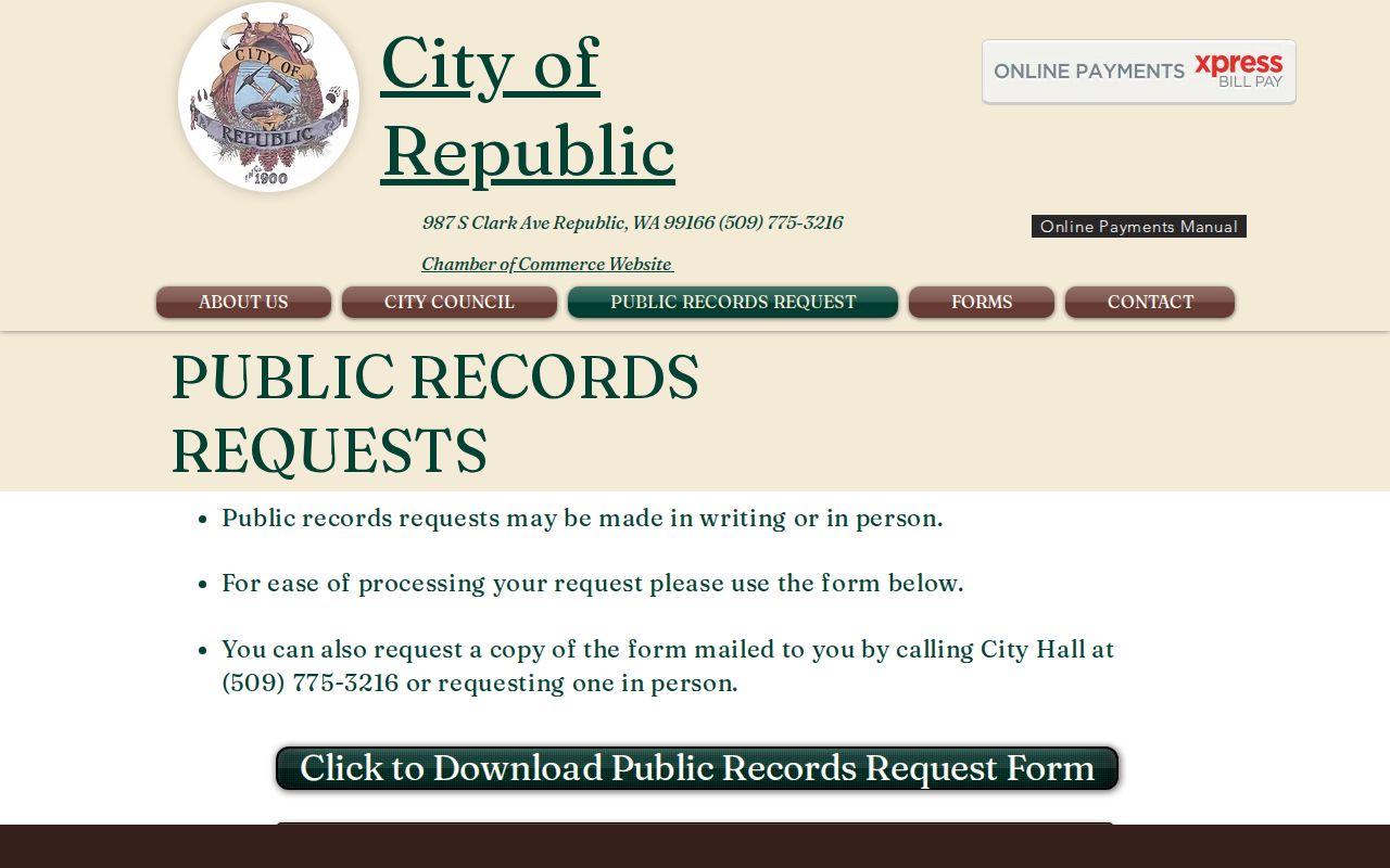 Ferry County Republic public-records request route for City record questions