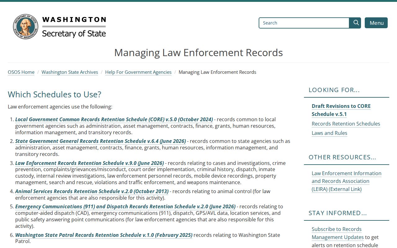 Washington archives guidance for Ferry County law enforcement records